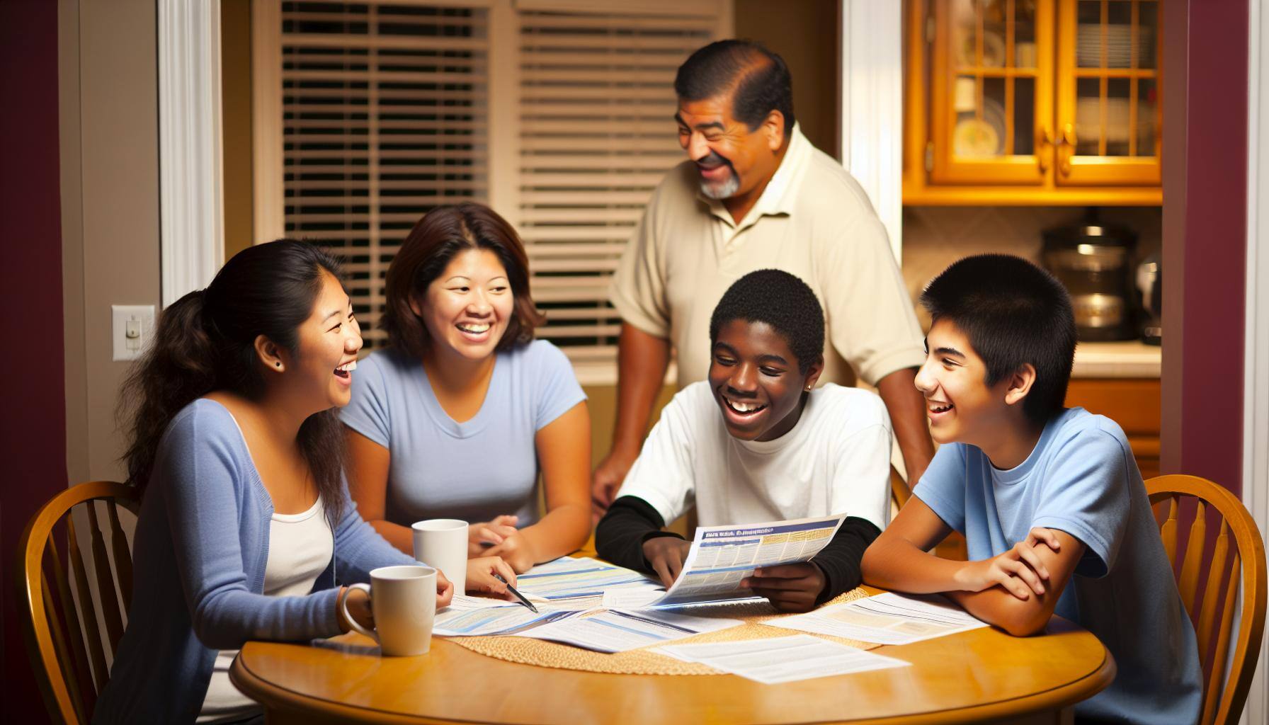 Create an photo of a diverse family sitting around a kitchen table discussing health insurance options-1